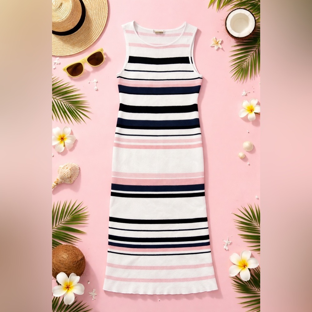Say What? Women Sleeveless Striped Stretch Ribbed Knit Midi Dress Size XL (0772)